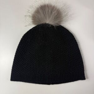 Amicali‎ Black 100% Cashmere Fox Fur Pom Pom Beanie Hat OS